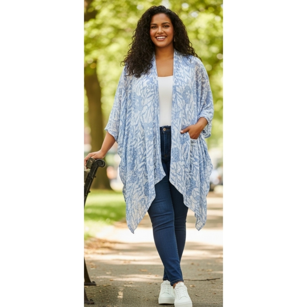 Ruby Rd. Woman's Plus Size Blue Floral Waterfall Open Duster